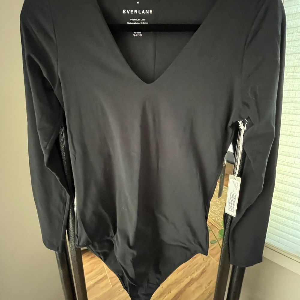 NWT Everlane,  Black V-Neck, Long-Sleeve Bodysuit